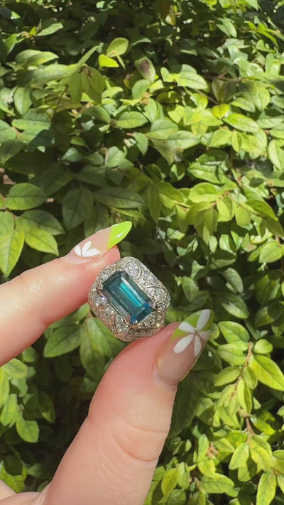 Edwardian Zircon & Diamond Platinum Filigree Ring