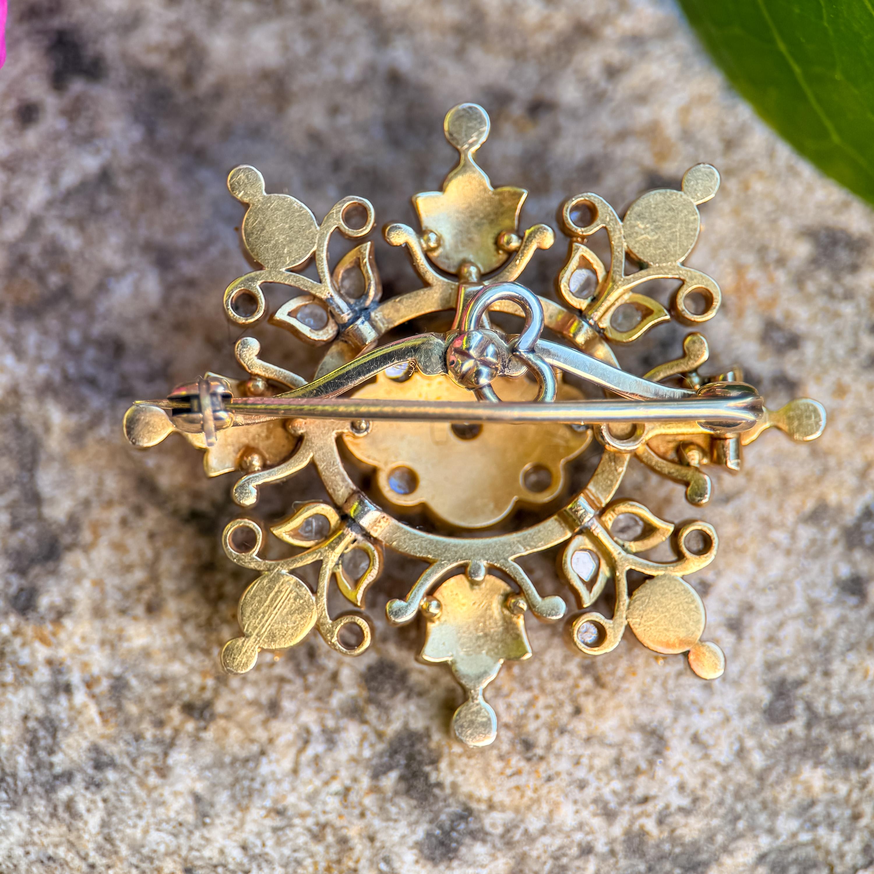 Renaissance Revival Victorian Pearl Diamond & Enamel Brooch Pendant