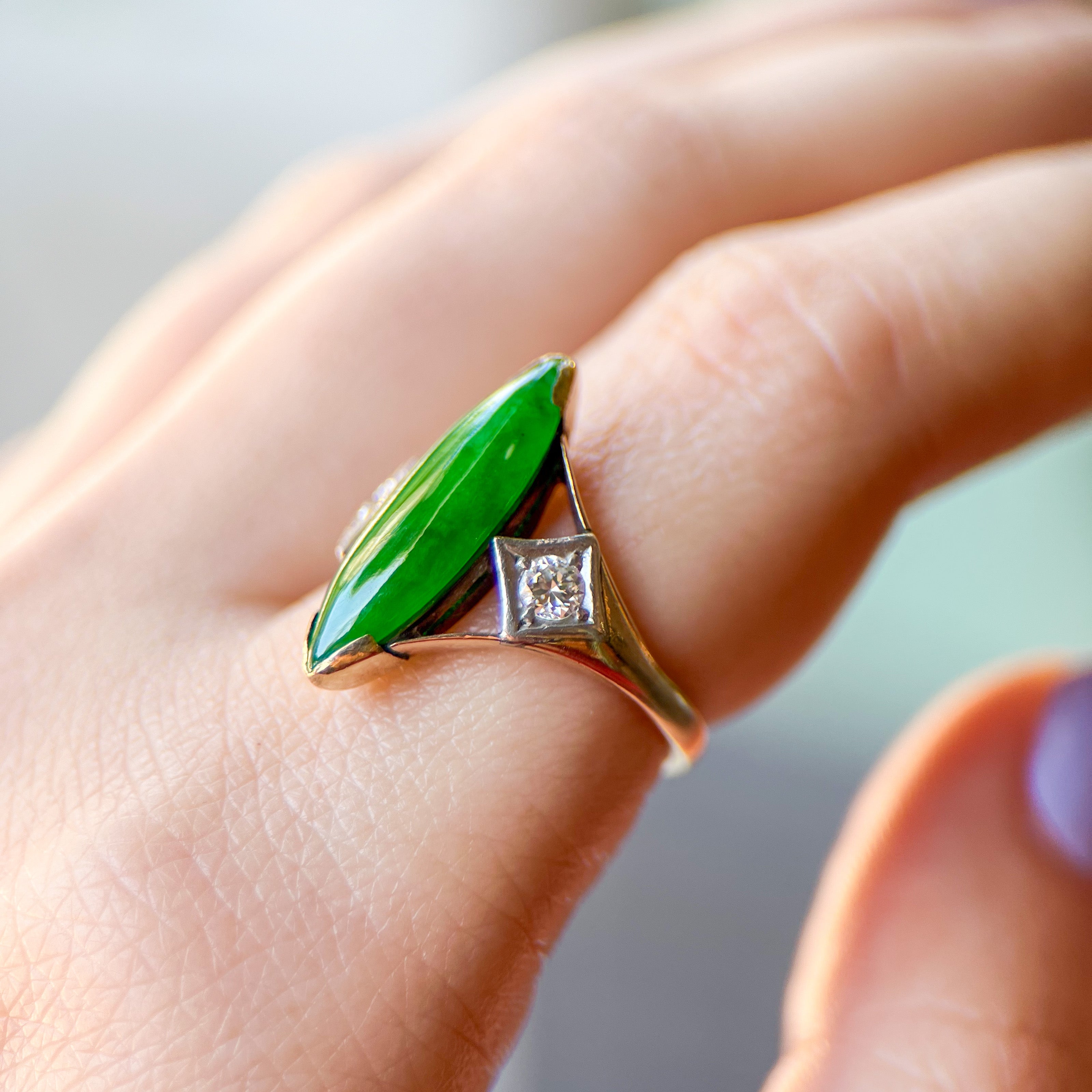 Retro Jade & Natural Diamond Navette Ring