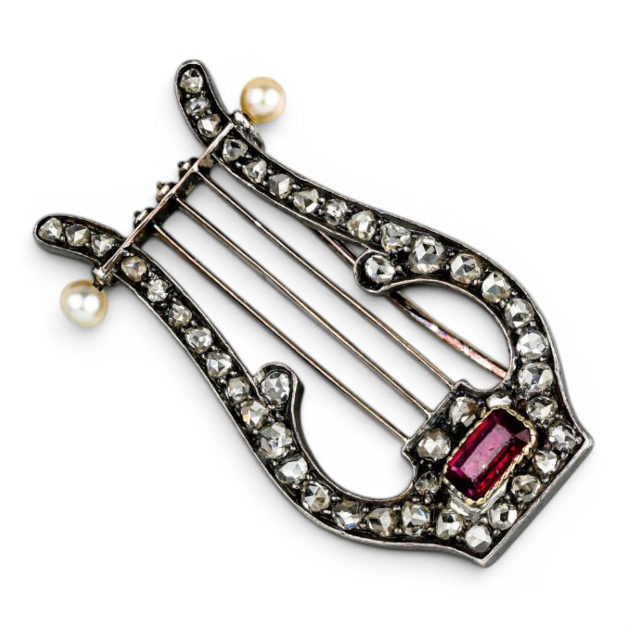 Victorian Diamond Ruby & Pearl Lyre Harp Brooch