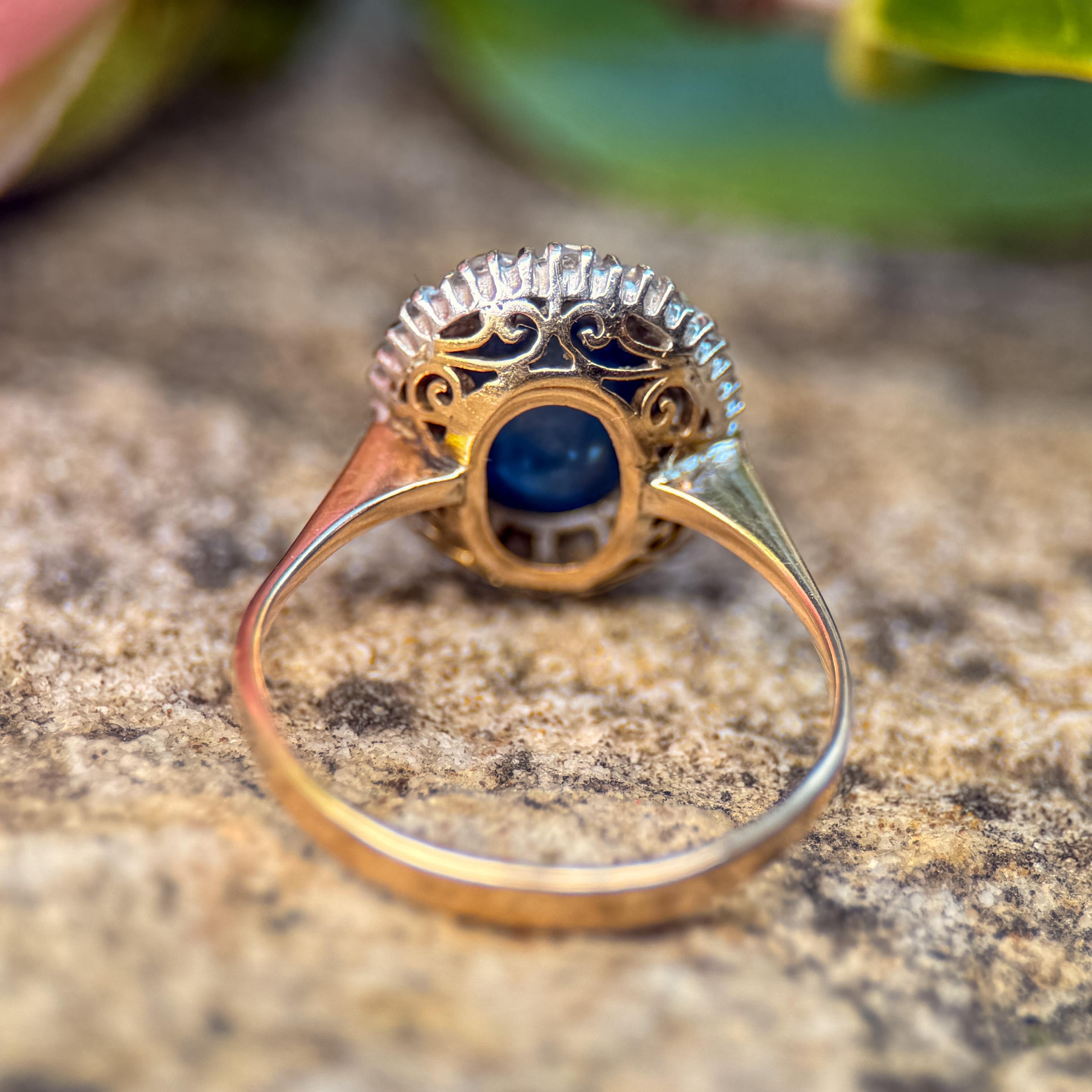 Edwardian Cabochon Sapphire & Diamond Halo Ring