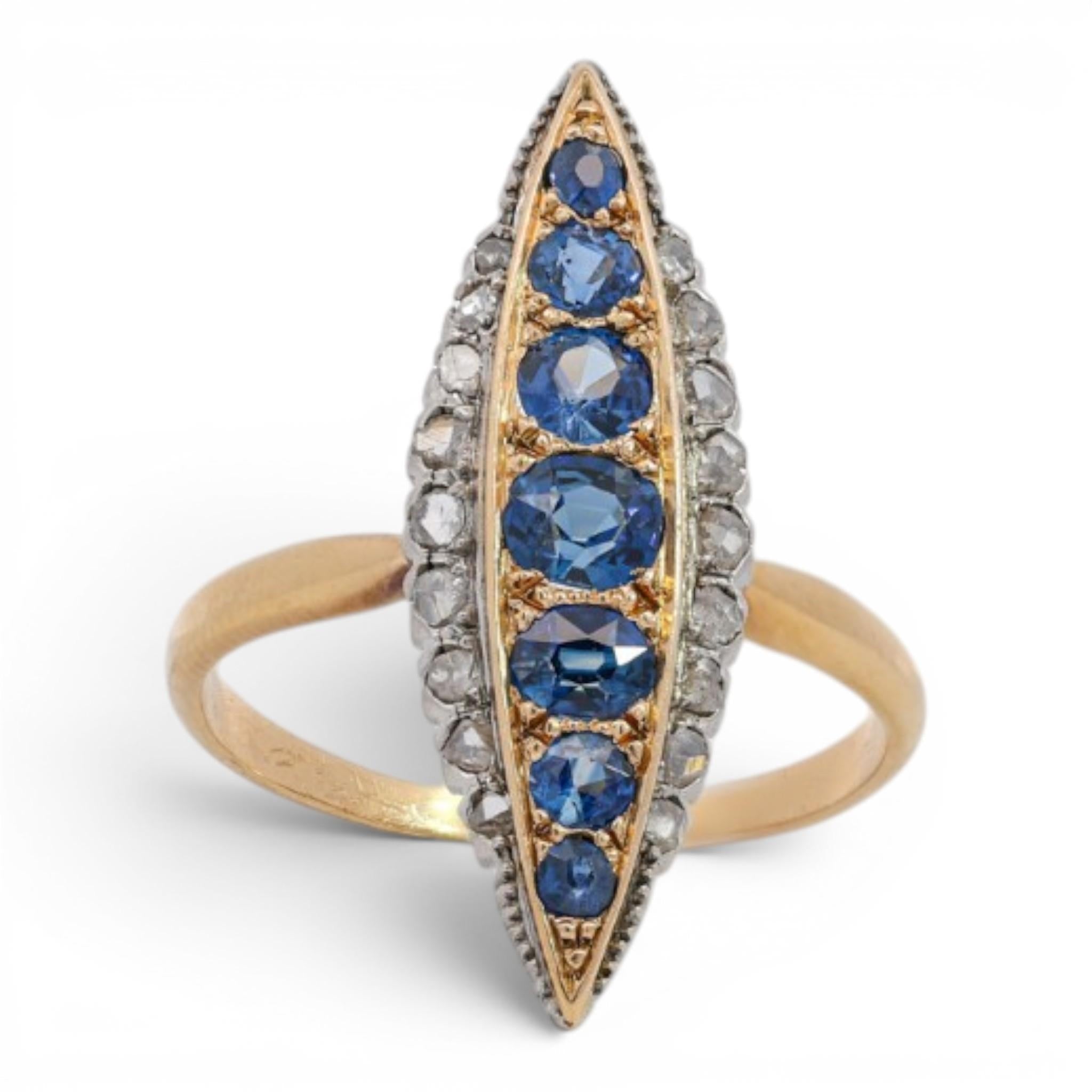 French Belle Epoque 18K Sapphire & Diamond Navette Ring