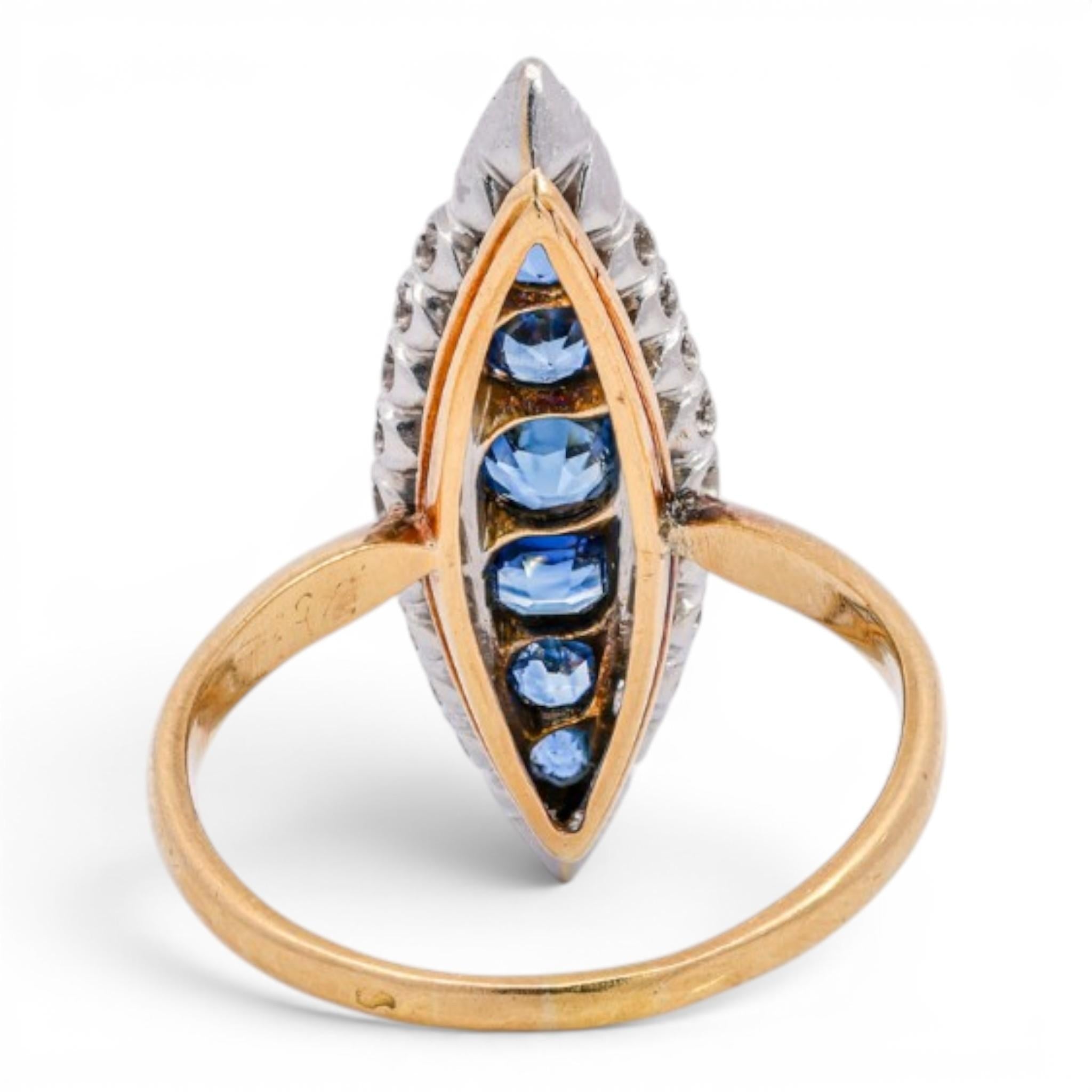 French Belle Epoque 18K Sapphire & Diamond Navette Ring