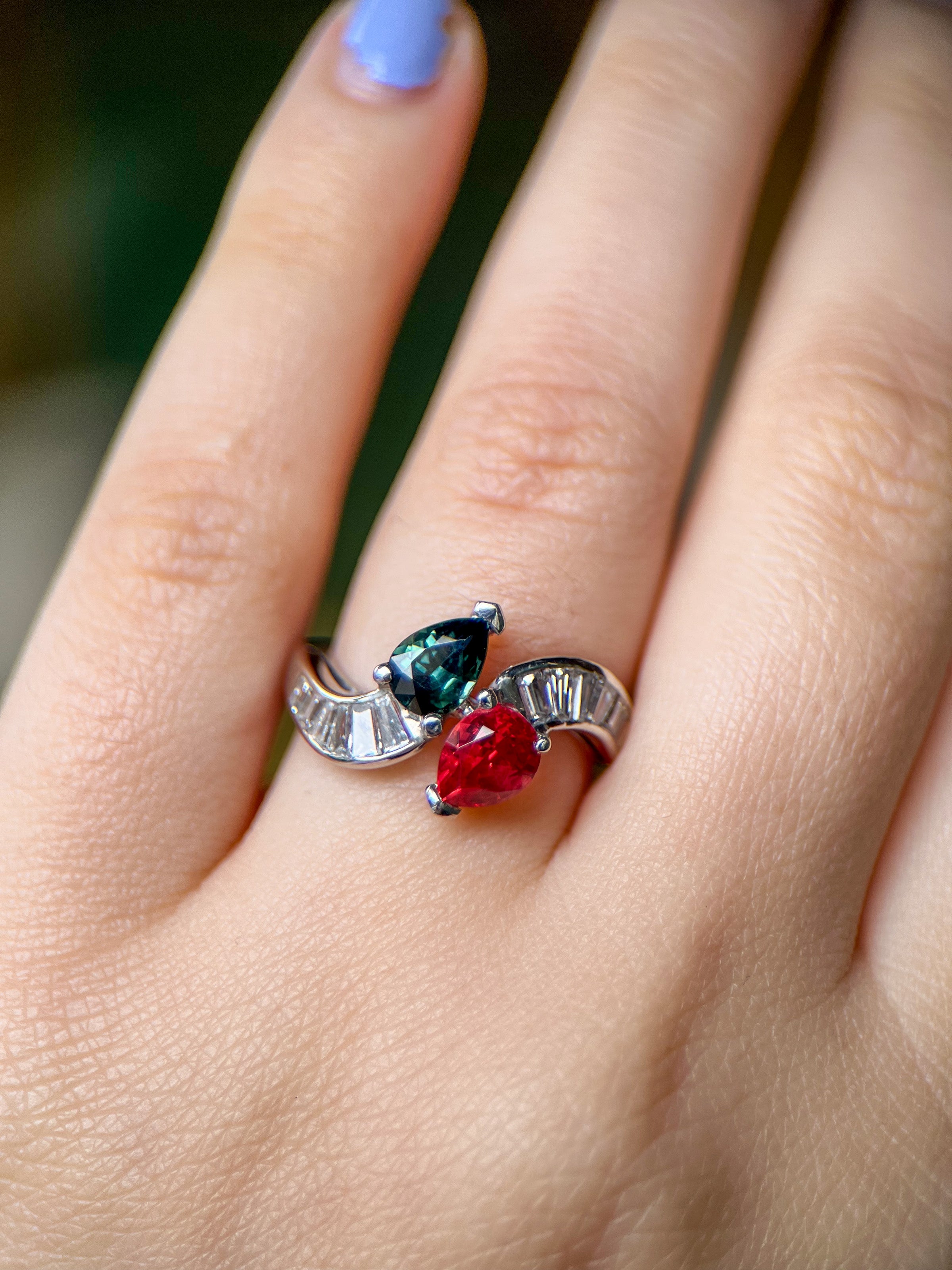 Vintage Platinum Green Sapphire & Spinel Diamond Bypass Ring