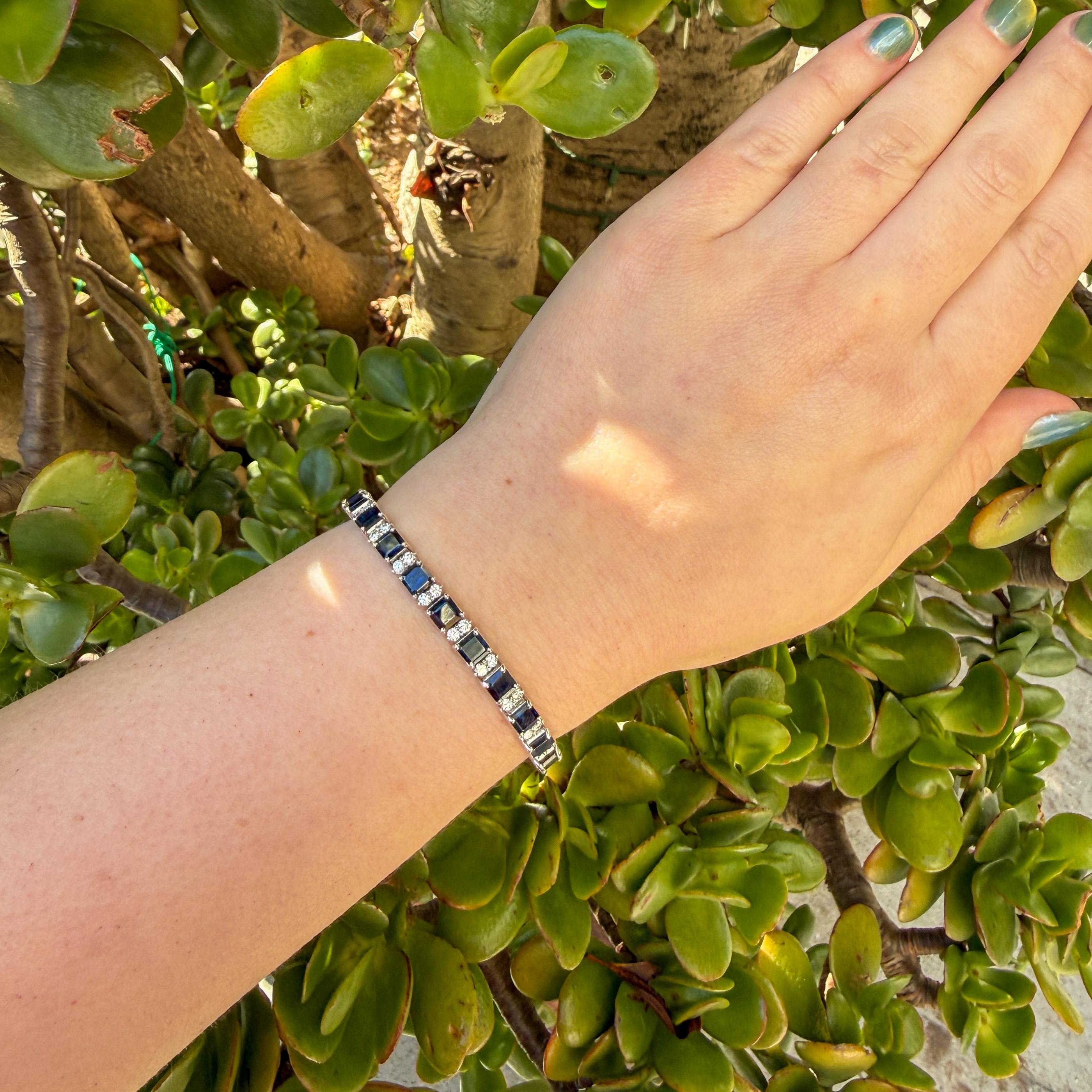 Platinum Square Sapphire and Diamond Line Bracelet