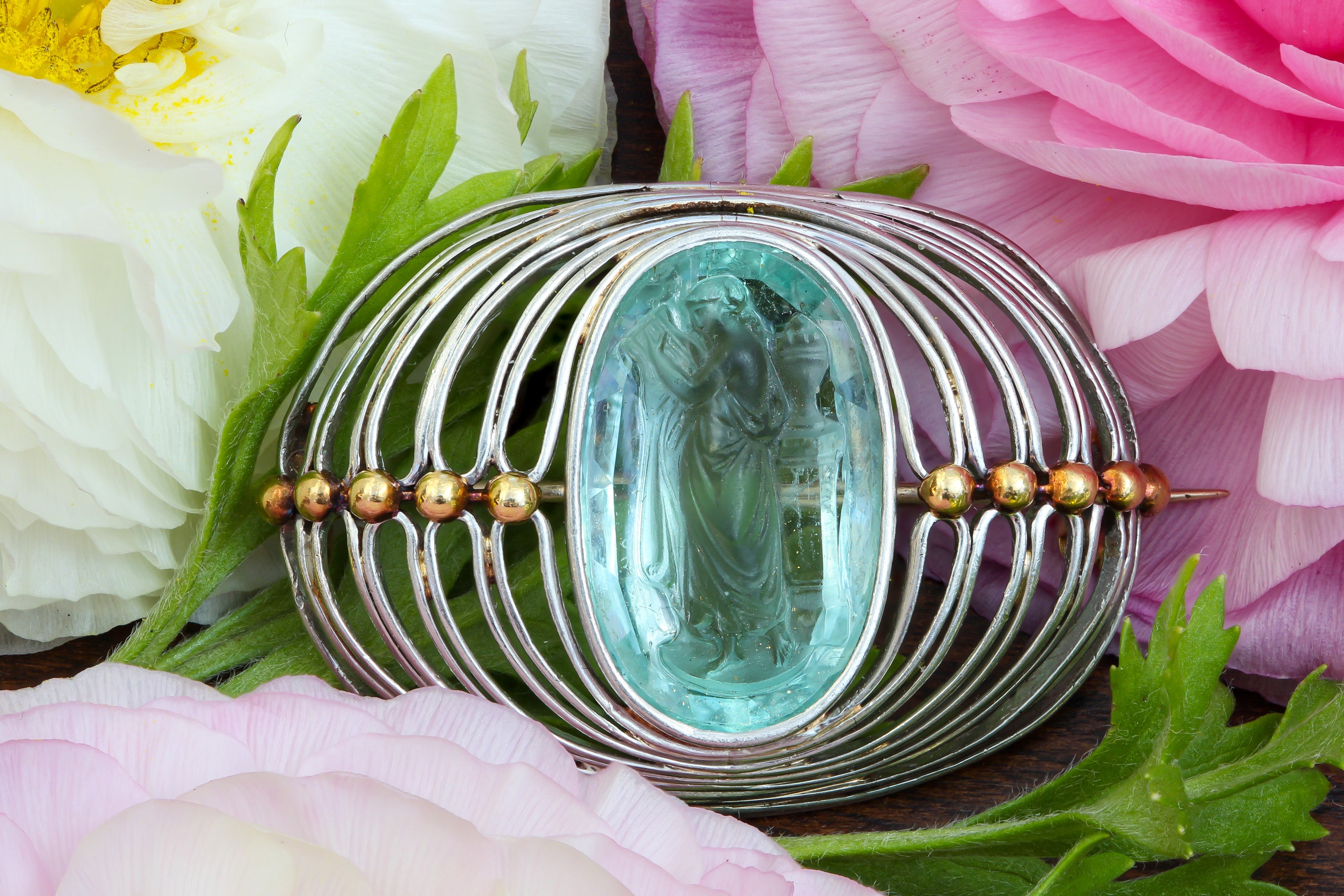 Arts & Crafts Tiffany & Co. Platinum 18K Carved Aquamarine Brooch