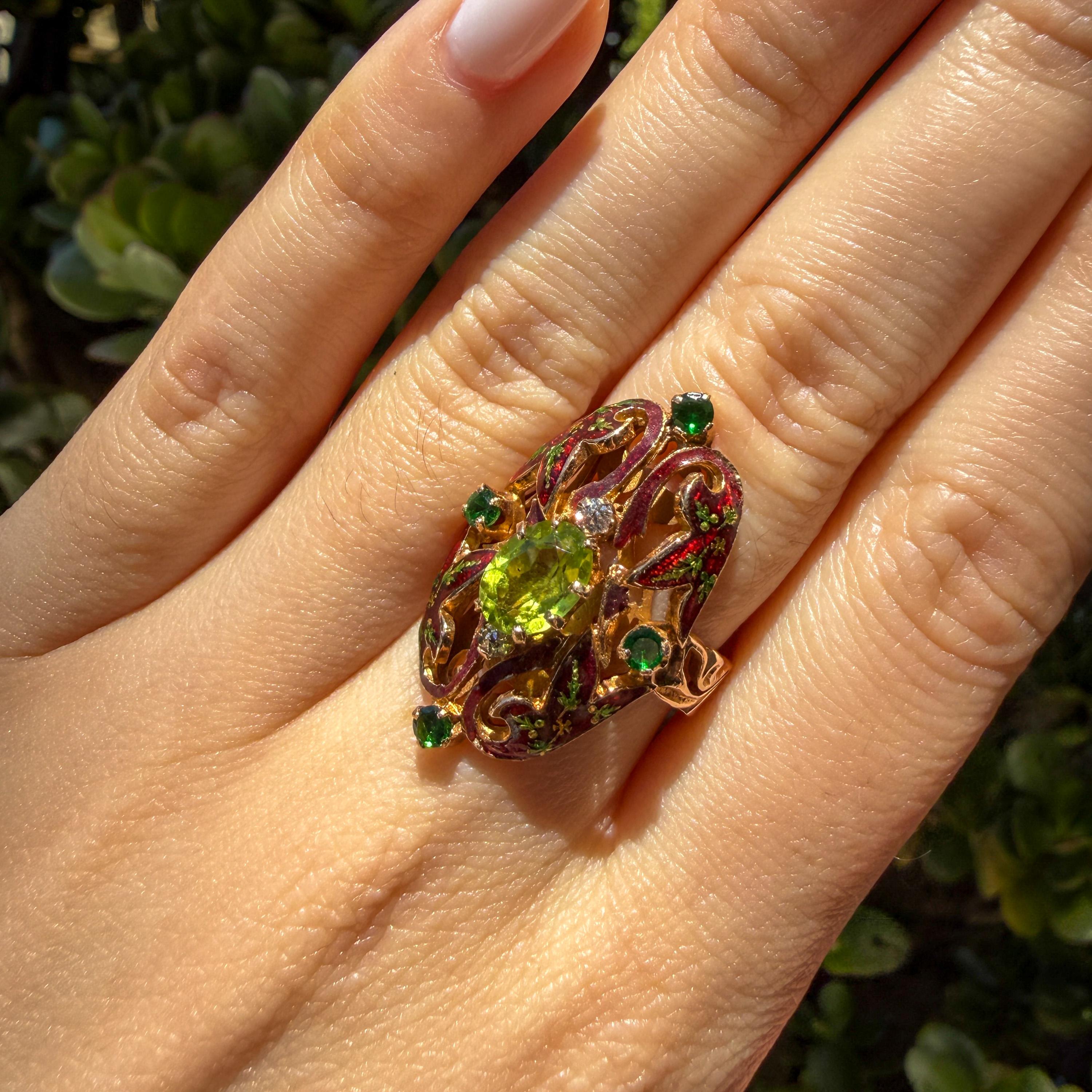 Vintage Enamel, Peridot, Tsavorite, & Diamond Dinner Ring
