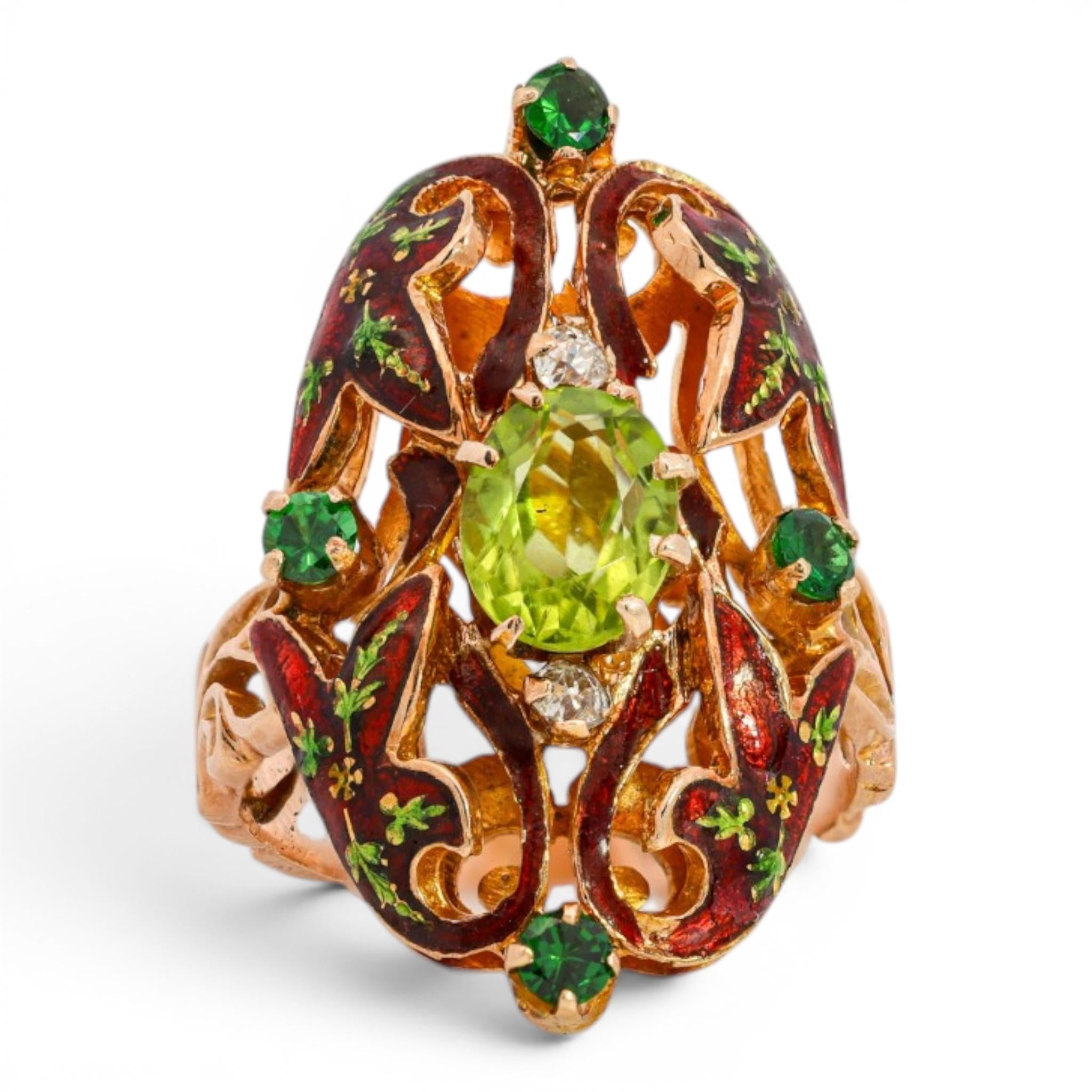 Vintage Enamel, Peridot, Tsavorite, & Diamond Dinner Ring