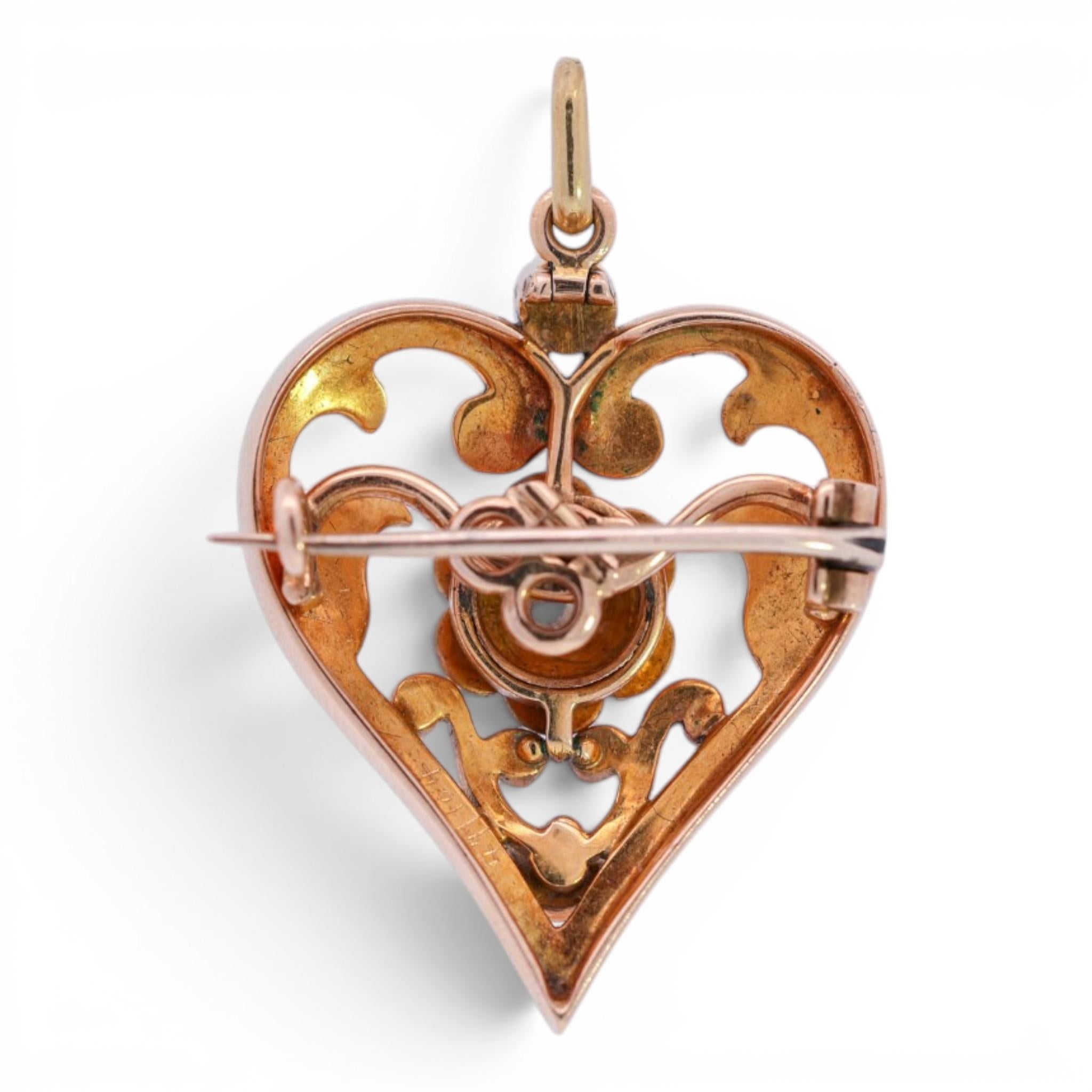 Victorian Enamel Pearl & Diamond Heart Brooch Pendant