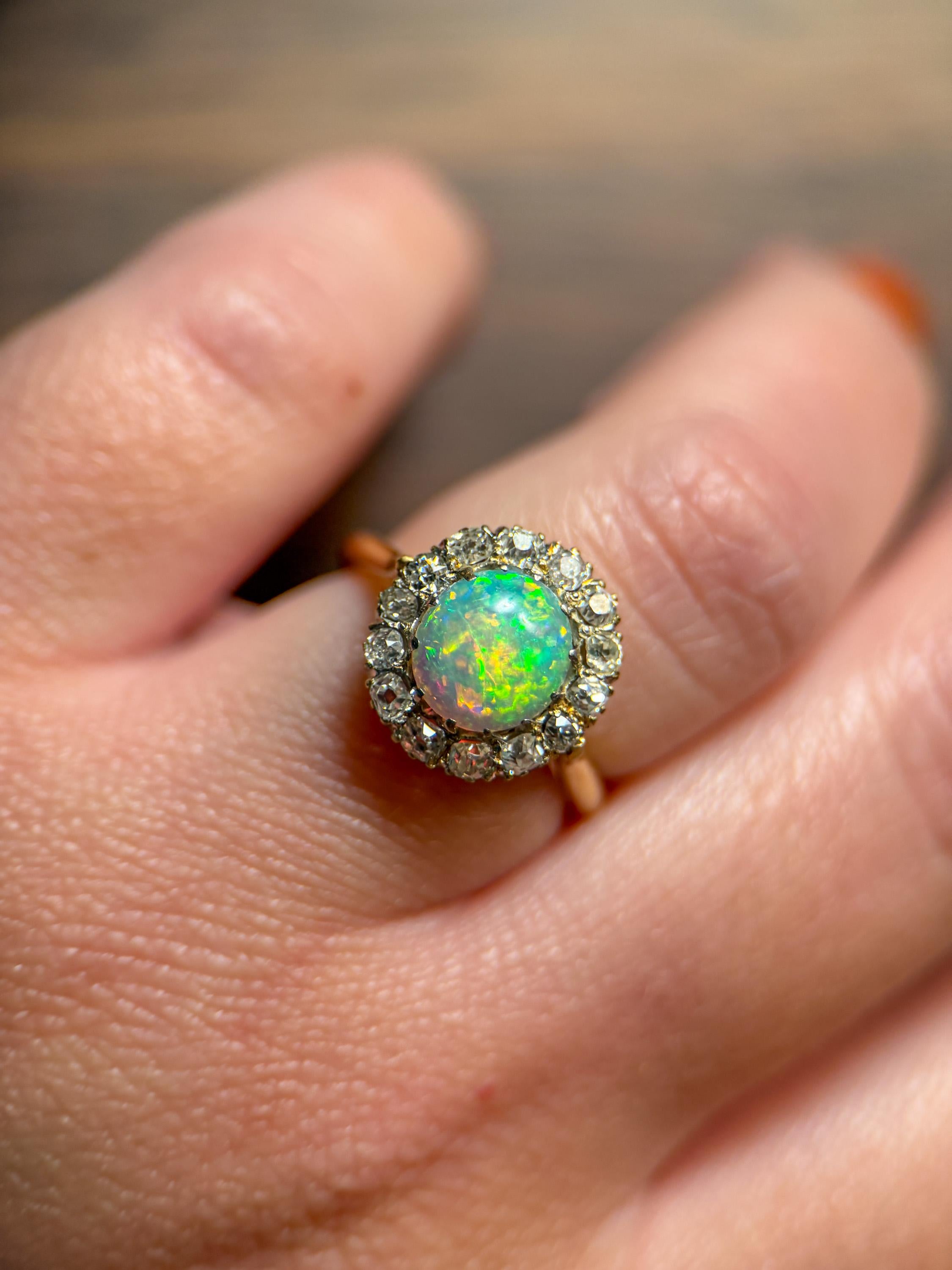 Victorian Opal Old Mine Cut Diamond Cluster Ring