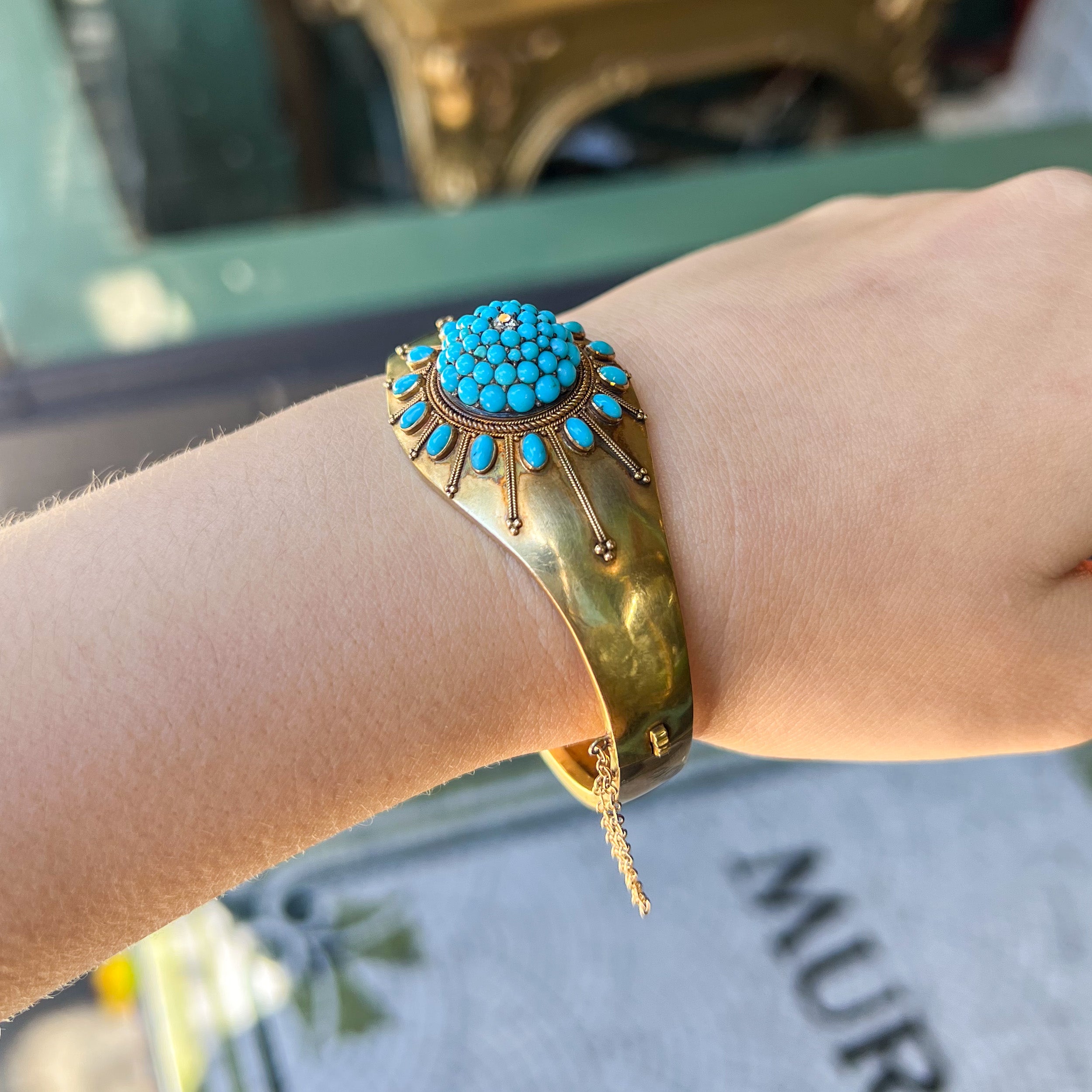 Antique Victorian 14K Turquoise Rose Cut Diamond Hinged Bangle Bracelet