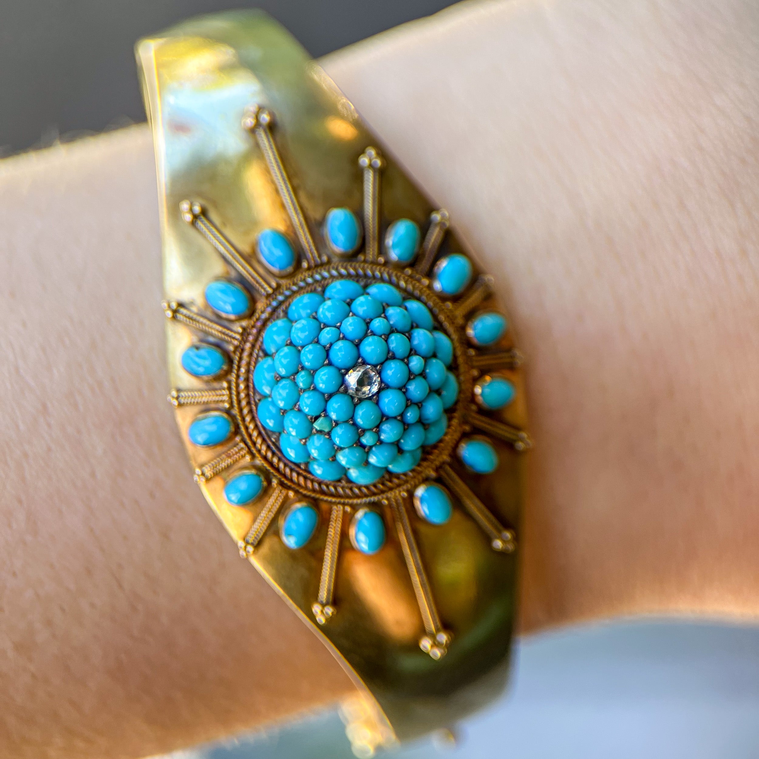 Antique Victorian 14K Turquoise Rose Cut Diamond Hinged Bangle Bracelet