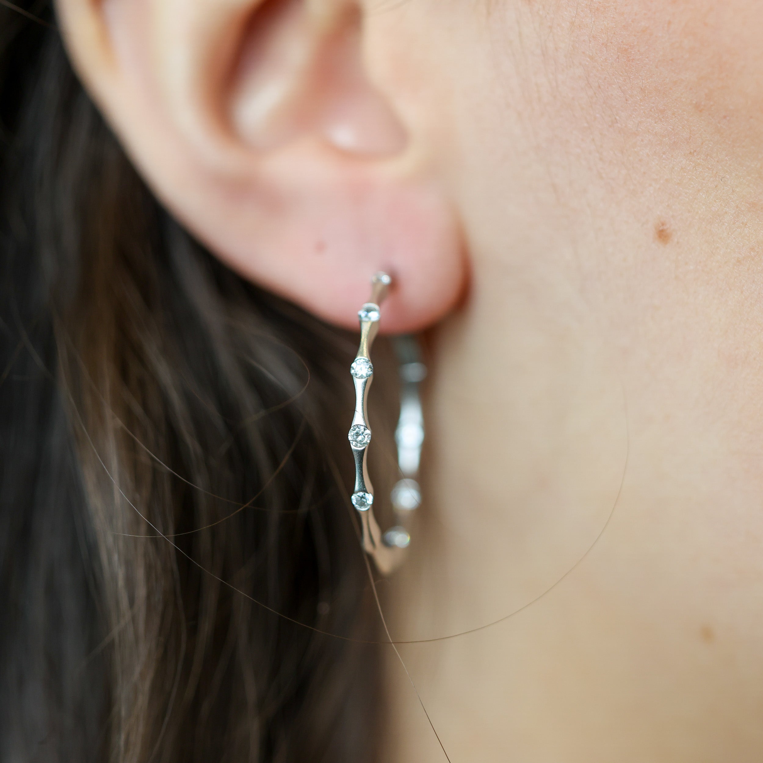 Vintage Matte 14K White Gold Diamond Bamboo Hoops