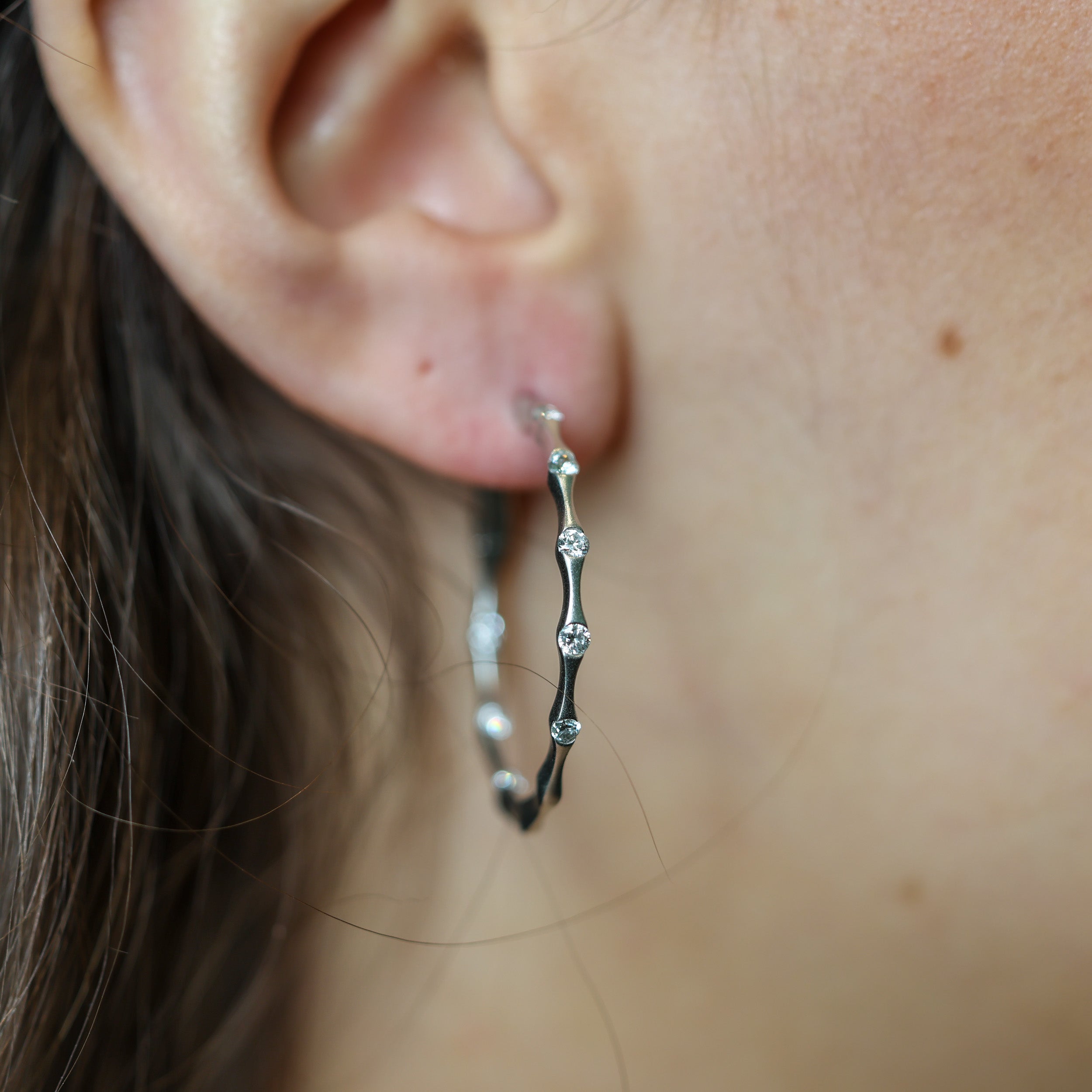 Vintage Matte 14K White Gold Diamond Bamboo Hoops