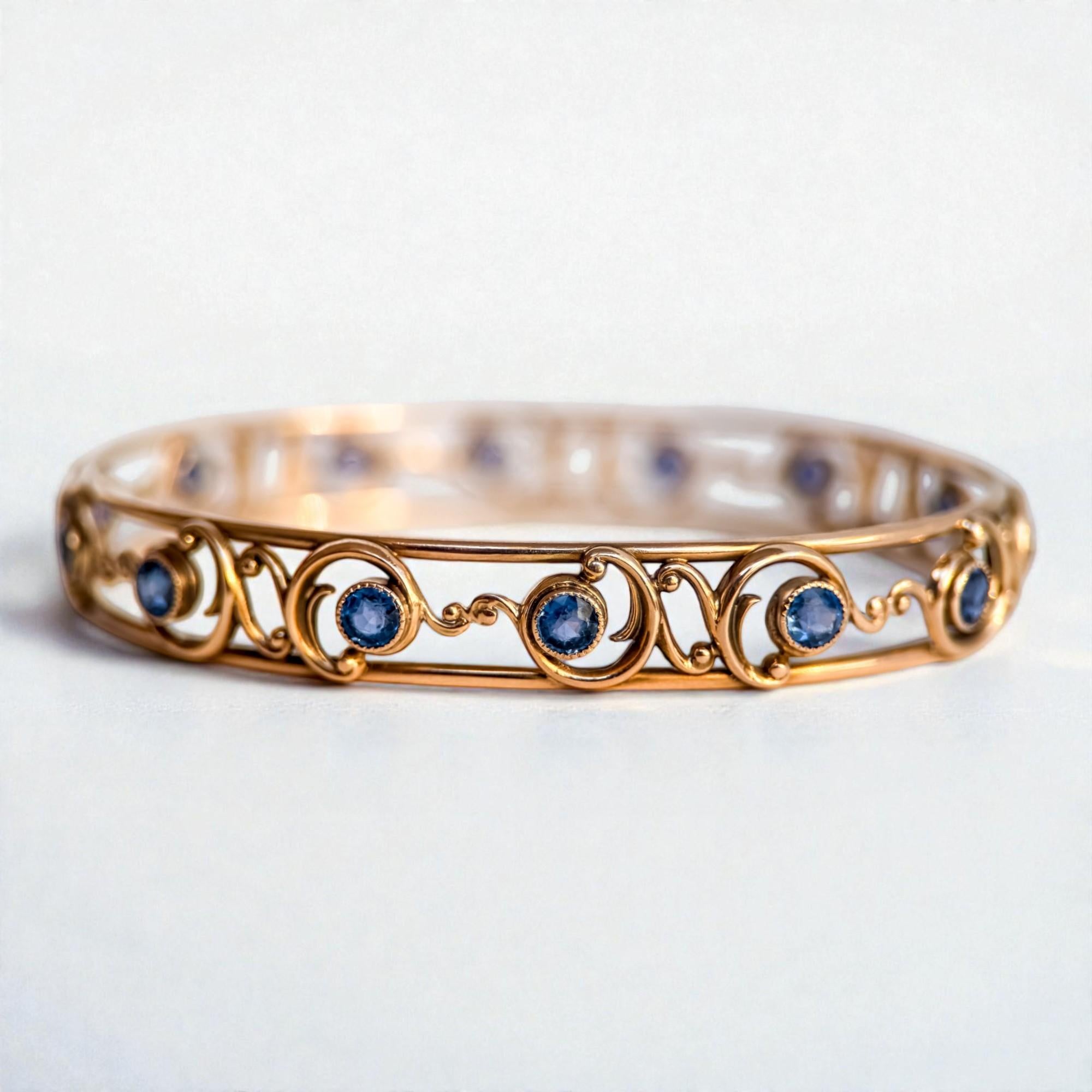 Arts & Crafts Yogo Gulch Montana Sapphire Filigree Bangle Bracelet