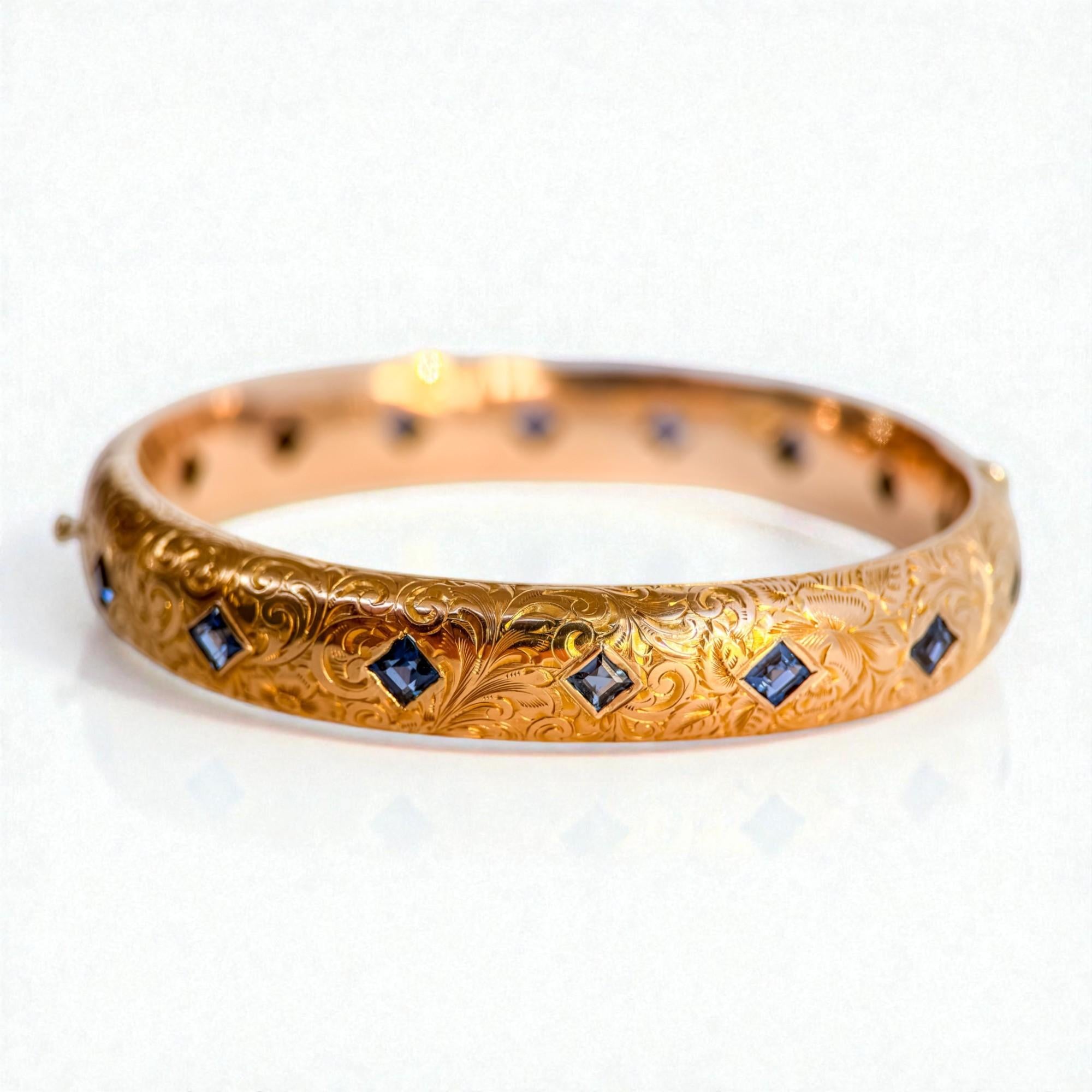 Edwardian Yogo Gulch Montana Sapphire Floral Engraved Hinged Bangle Bracelet