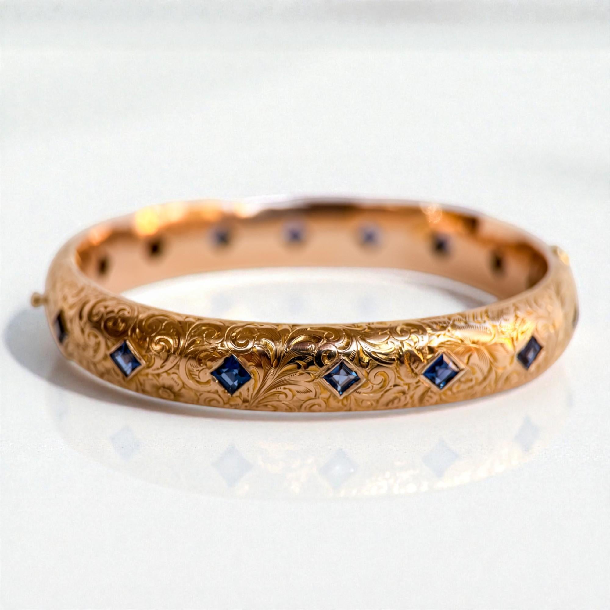 Edwardian Yogo Gulch Montana Sapphire Floral Engraved Hinged Bangle Bracelet