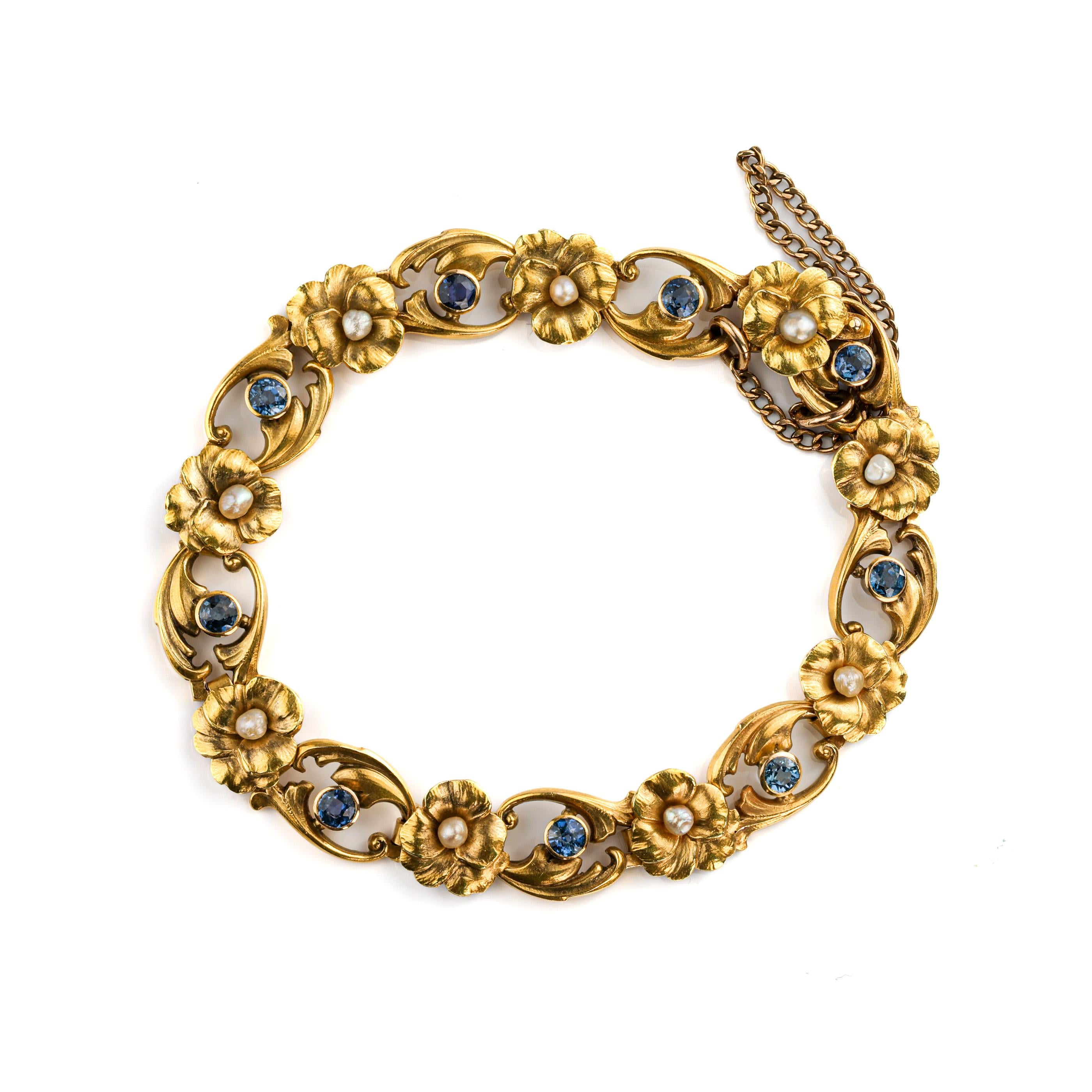 Krementz Arts & Crafts Montana Sapphire Floral Gold Bracelet