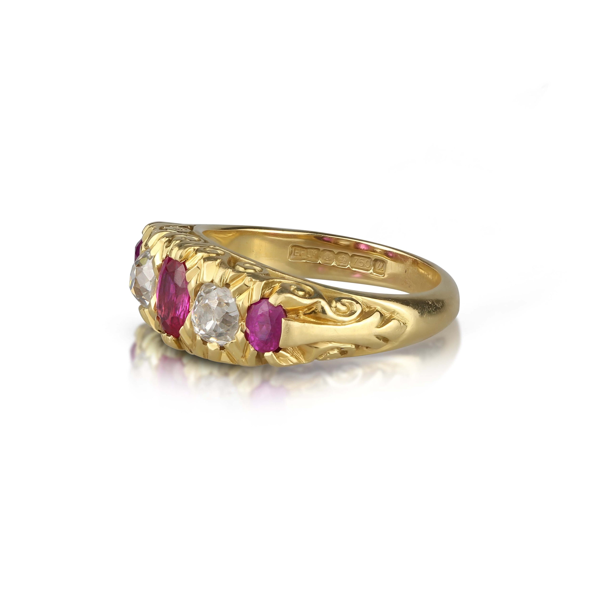 18K Victorian Style Ruby & Diamond 5-Stone Ring