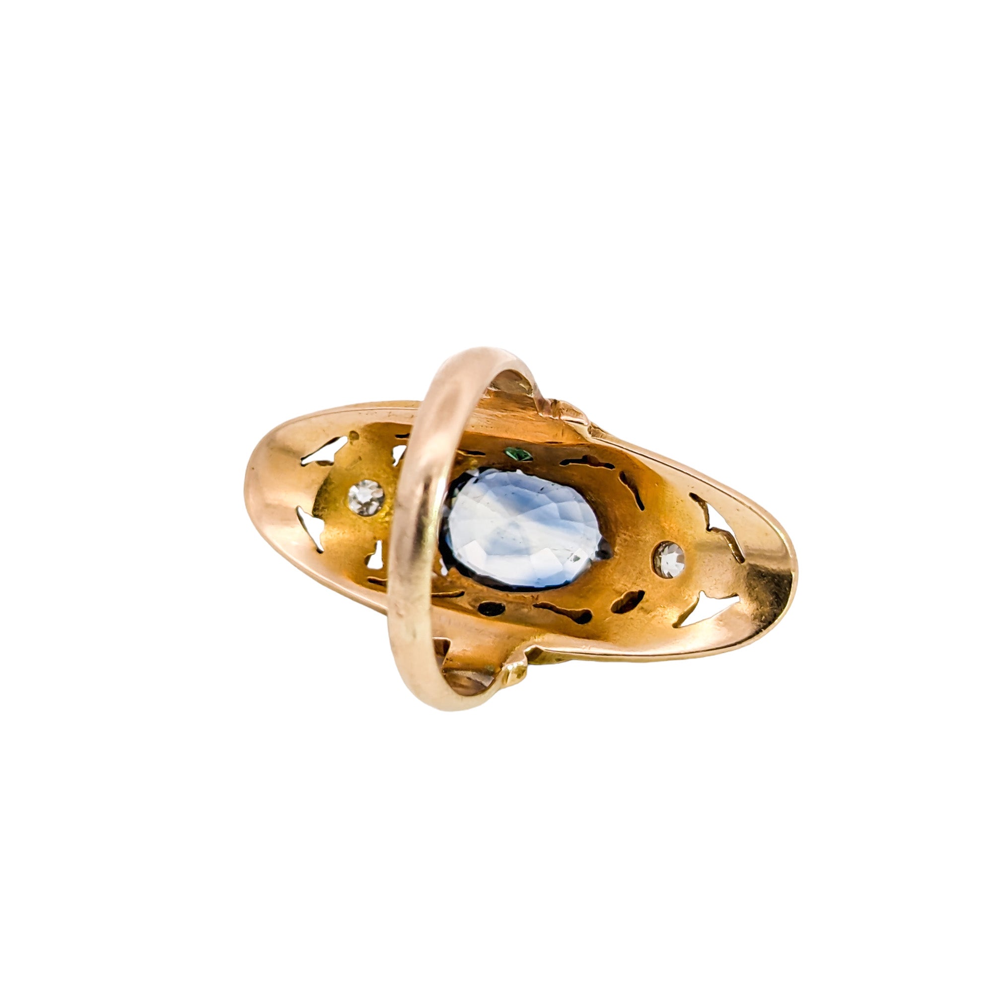 14k Yellow Gold Art Nouveau Sapphire & Diamond & Demantoid Garnet Ring