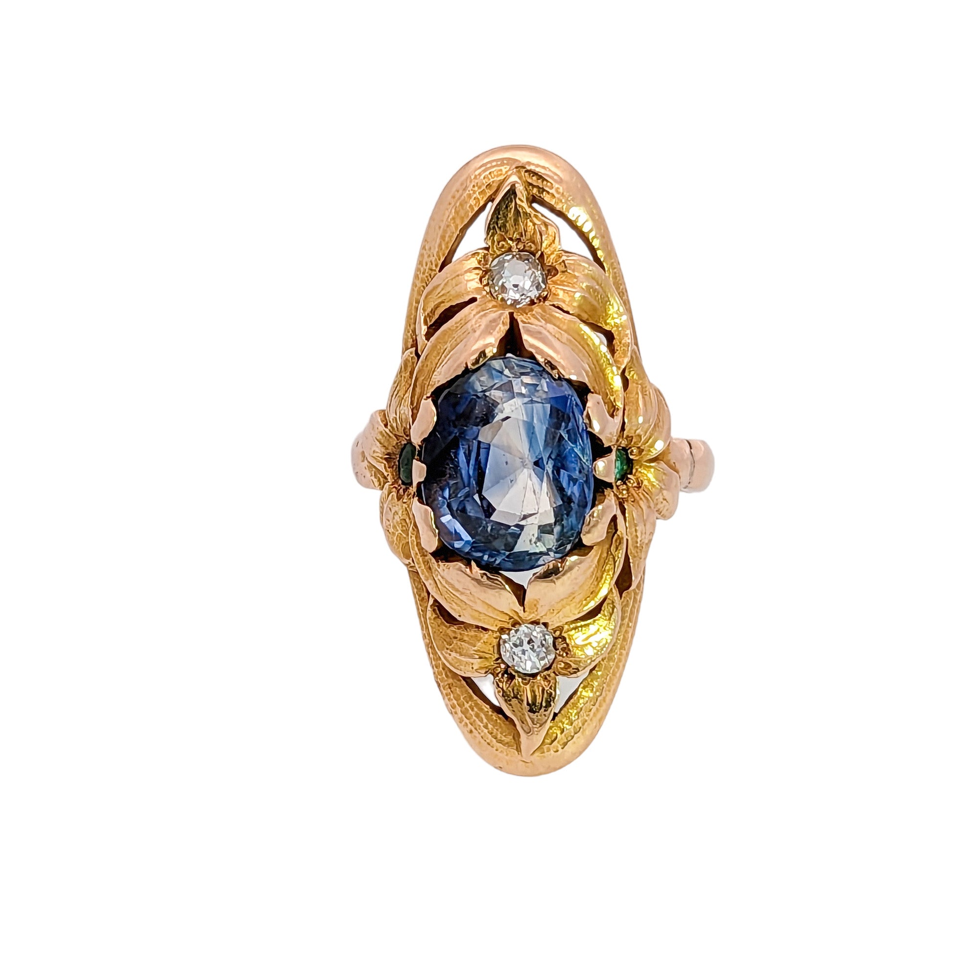 14k Yellow Gold Art Nouveau Sapphire & Diamond & Demantoid Garnet Ring