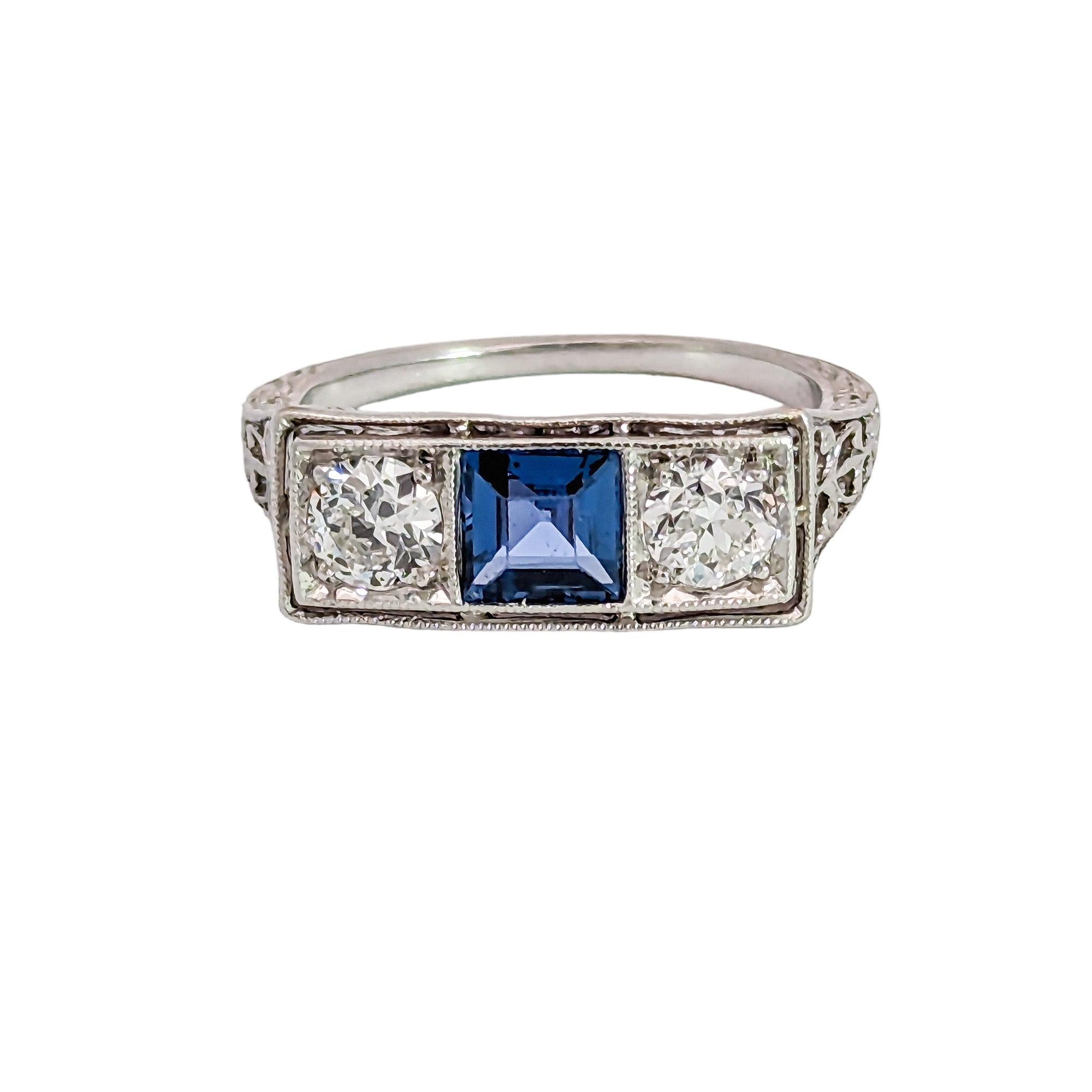 Edwardian Platinum Yogo Gulch Montana Sapphire & Diamond Engagement Ring