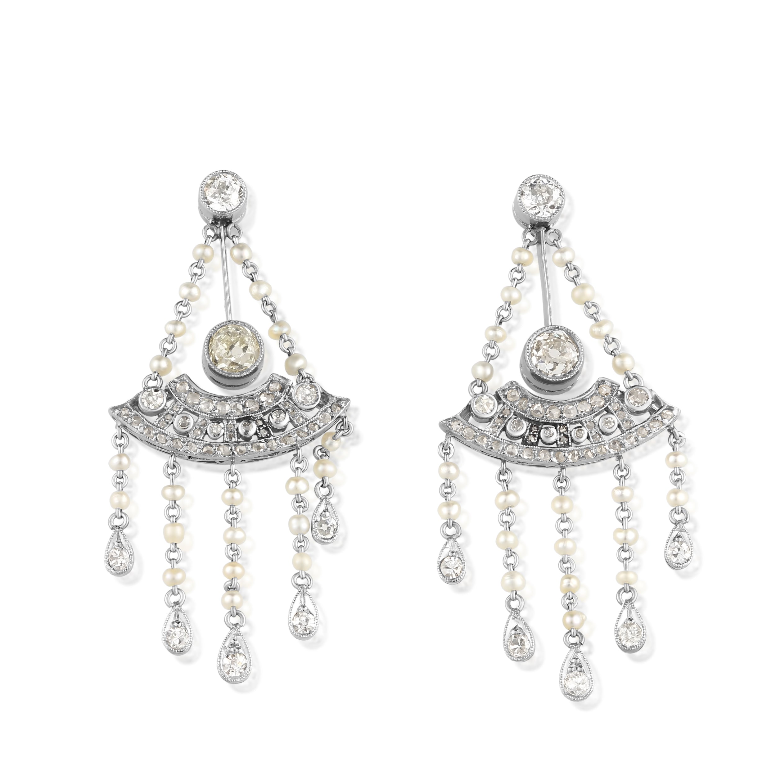 Platinum Natural Pearl & Diamond (1.5cttw) Edwardian Earrings 7.5Gr