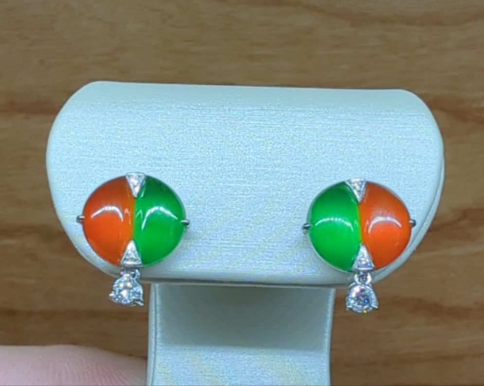 18K Green & Red Jadeite Jade Earrings w/ AGL Report