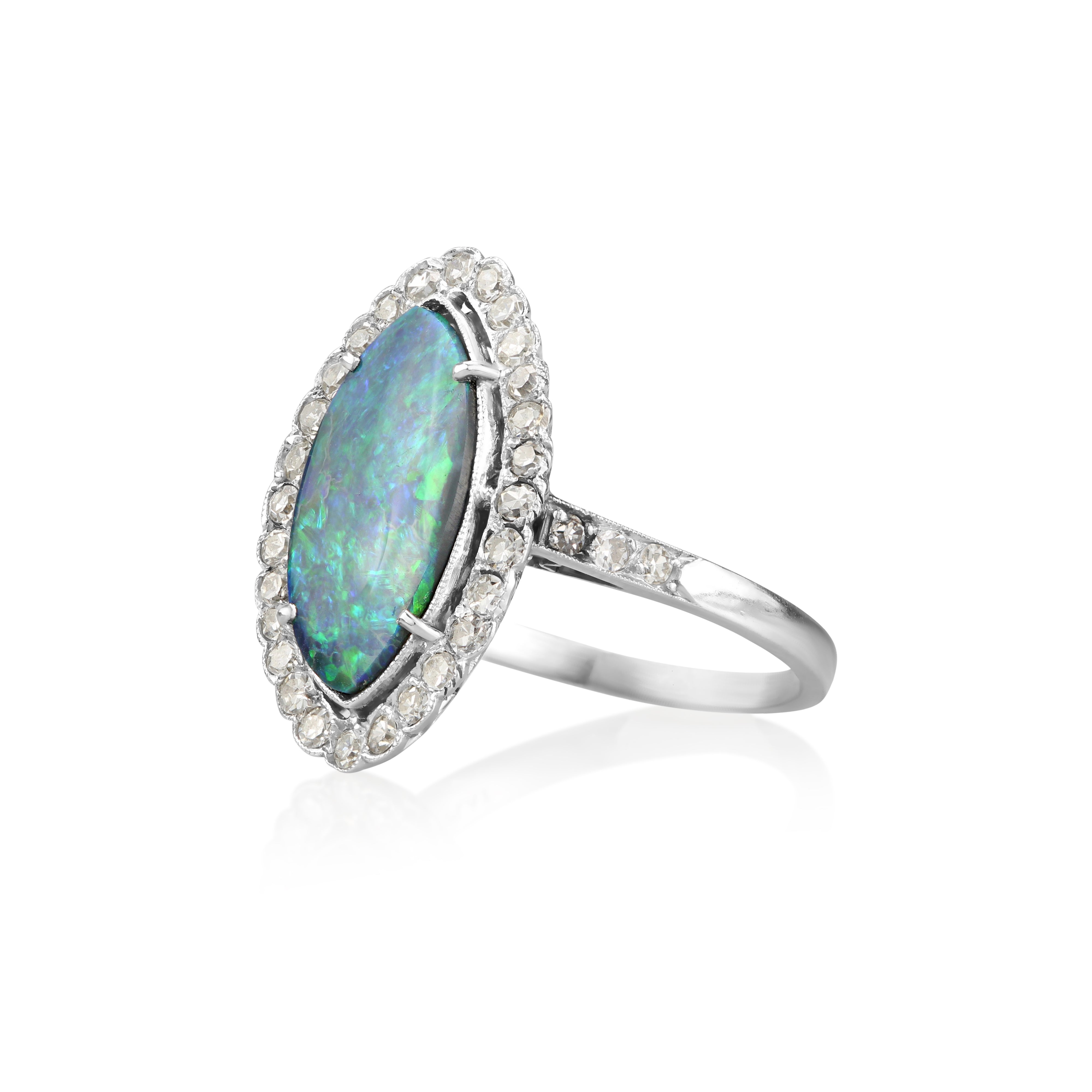 Platinum & Australian Marquise Black Opal Diamond Ring
